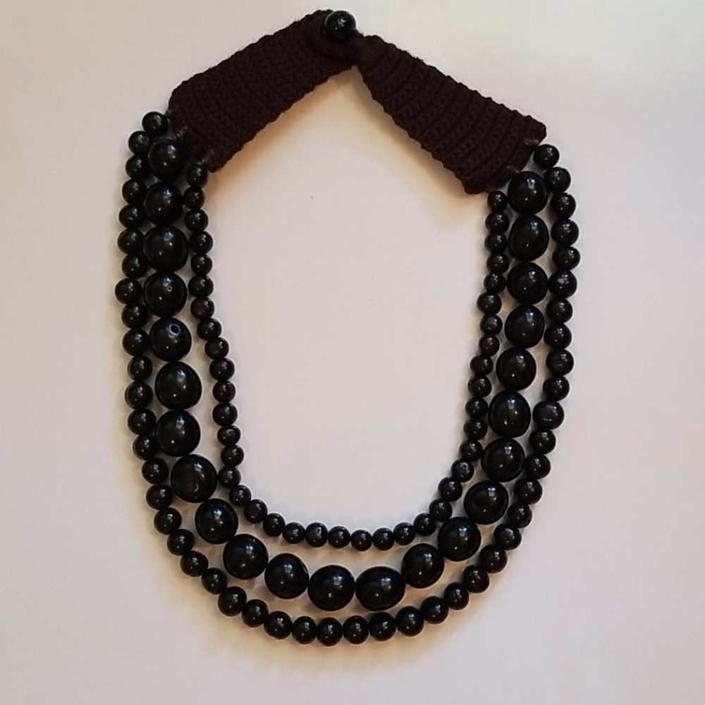 NWOT 3 Strand Black Round Bead Statement Necklace